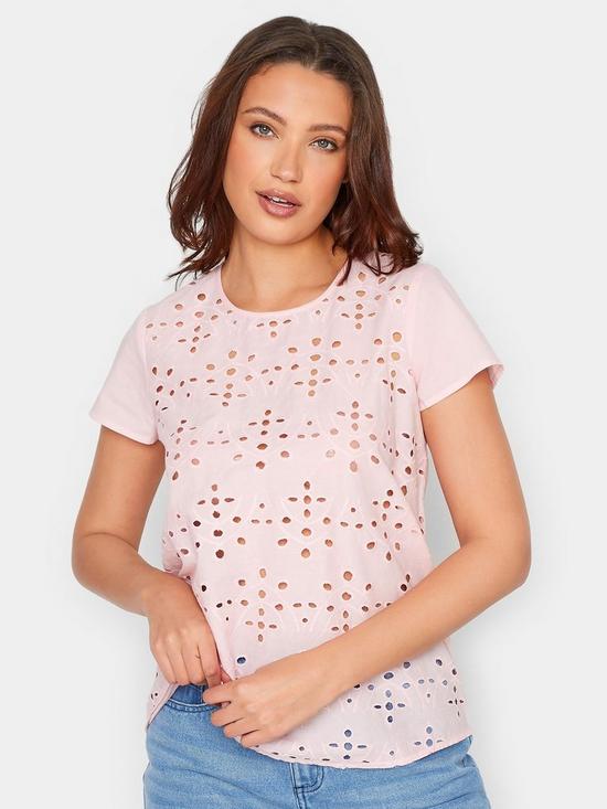 front image of long-tall-sally-tall-pink-broderie-panel-tee