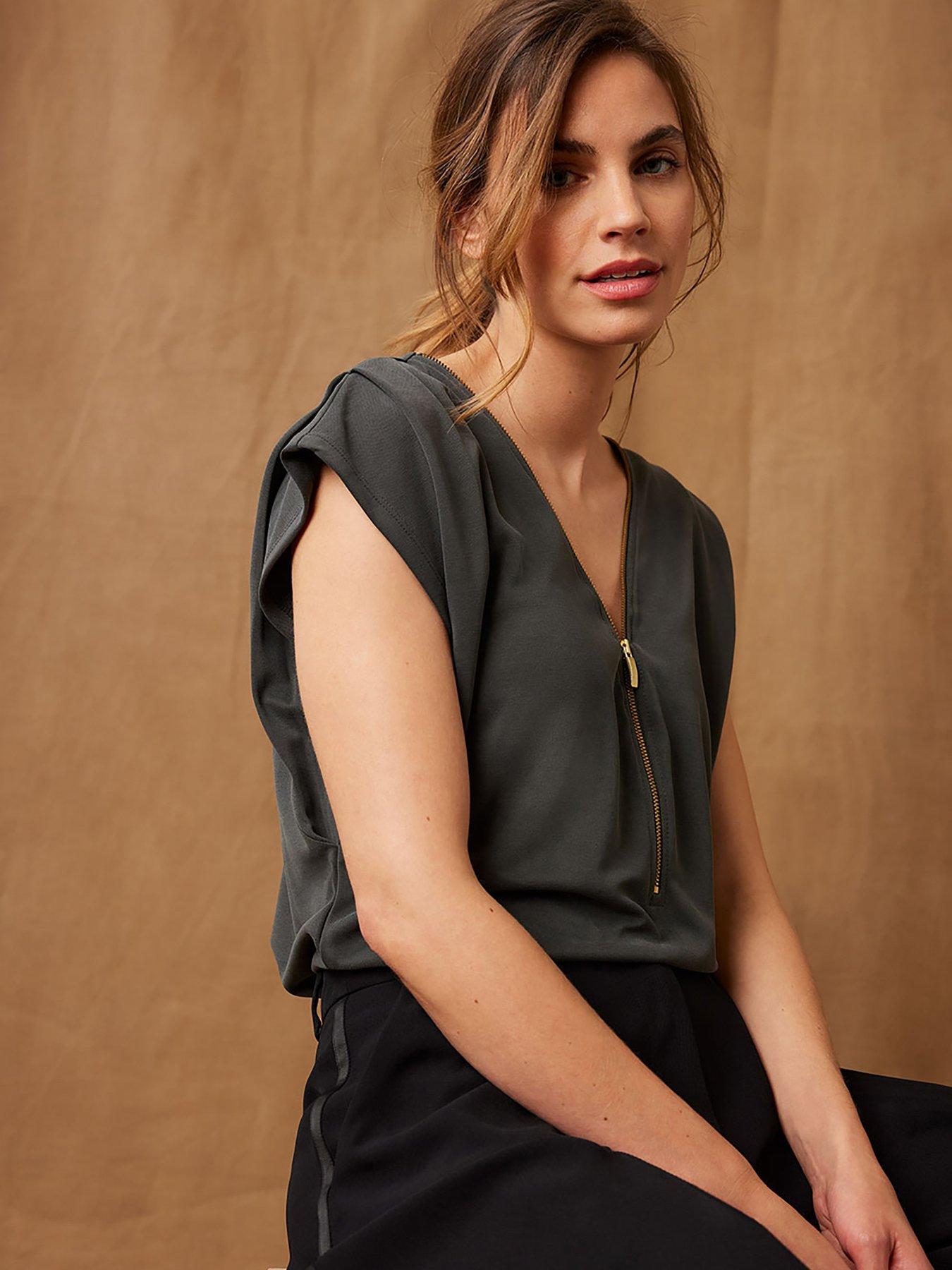 Mint Velvet Khaki Zip Front Tee
