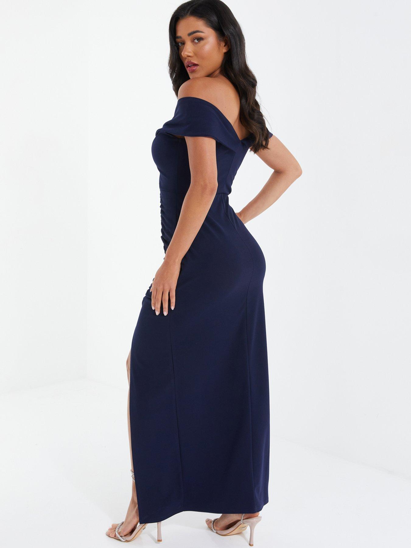  image of quiz-ruched-bardot-maxi-dress-dark-blue