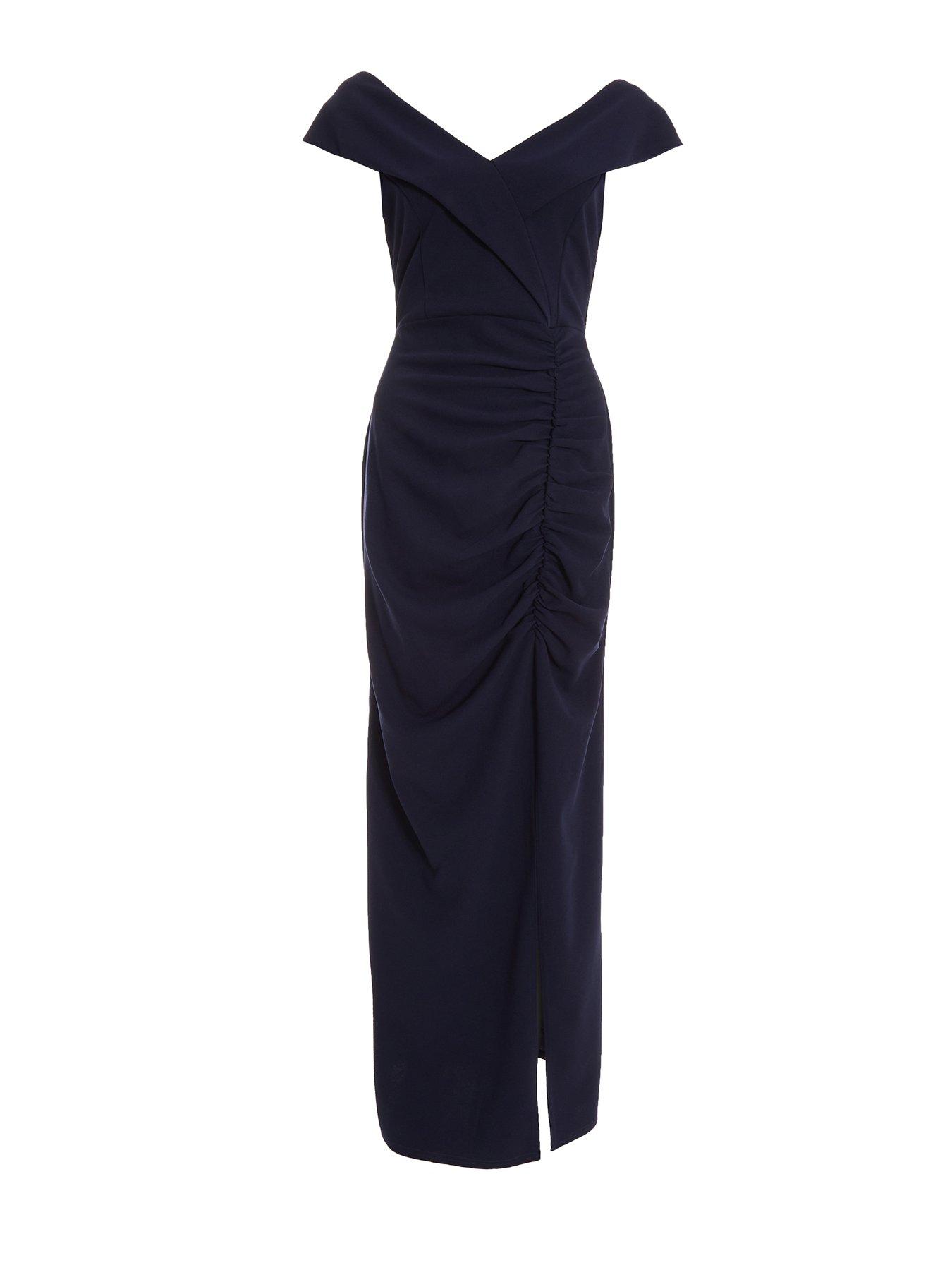  image of quiz-ruched-bardot-maxi-dress-dark-blue