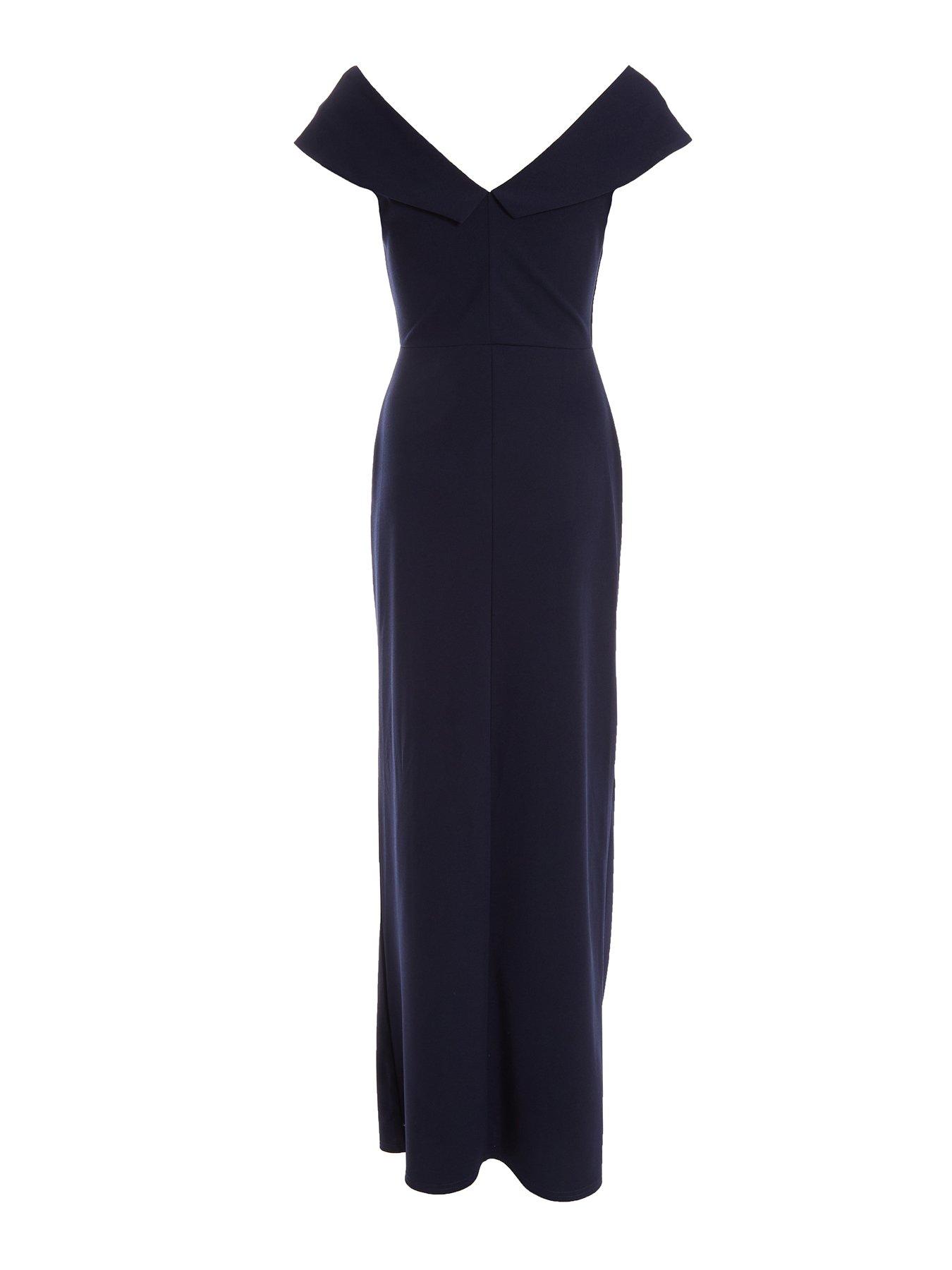  image of quiz-ruched-bardot-maxi-dress-dark-blue