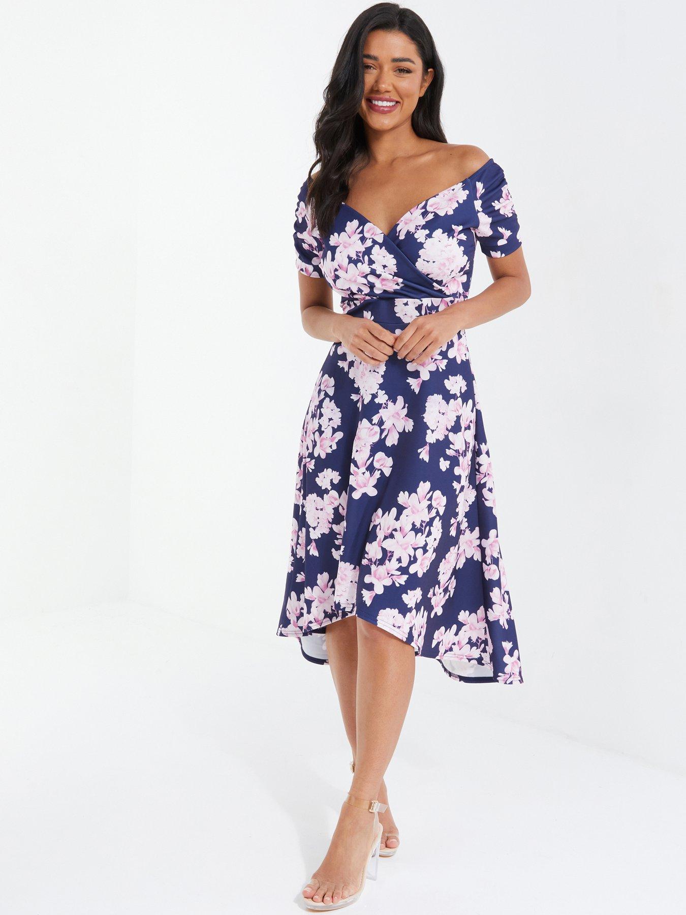 Quiz Floral Bardot Dip Hem Midi Dress 4145