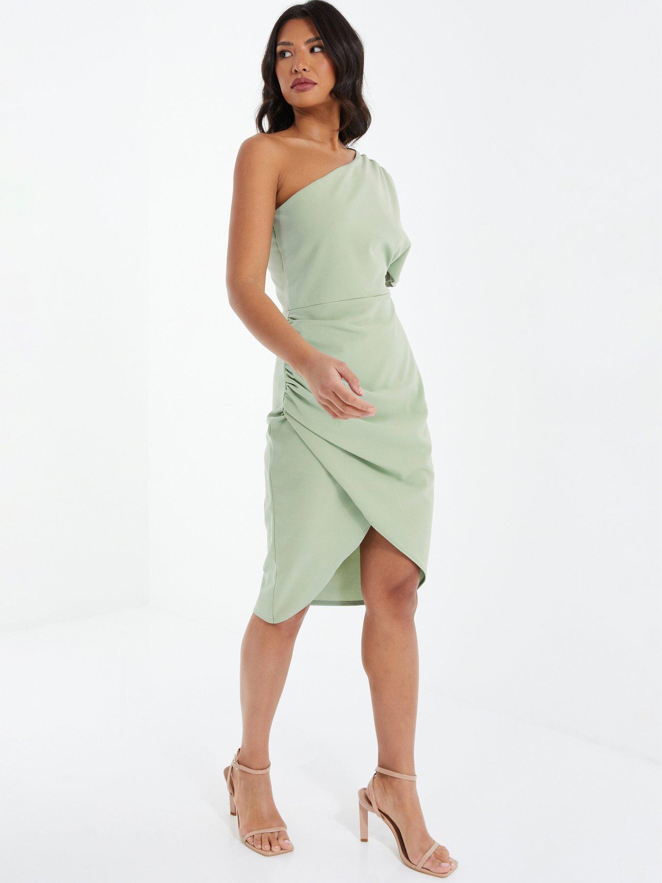 Quiz One Shoulder Ruched Midi Dress - Light Green | Littlewoods