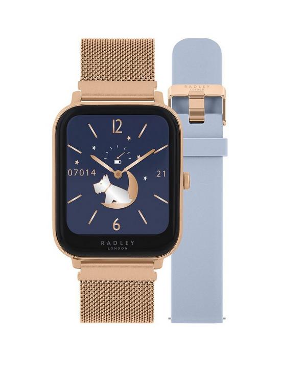 front image of radley-series-11-smart-ladies-square-case-with-interchangeable-rose-gold-mesh-amp-vintage-blue-silicone-watch-set