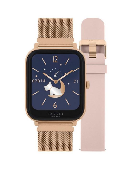 front image of radley-series-11-smart-ladies-square-case-with-interchangeable-rose-gold-mesh-amp-cobweb-silicone-watch-set
