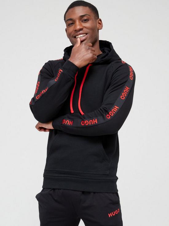 front image of hugo-sporty-tape-logo-lounge-hoodie