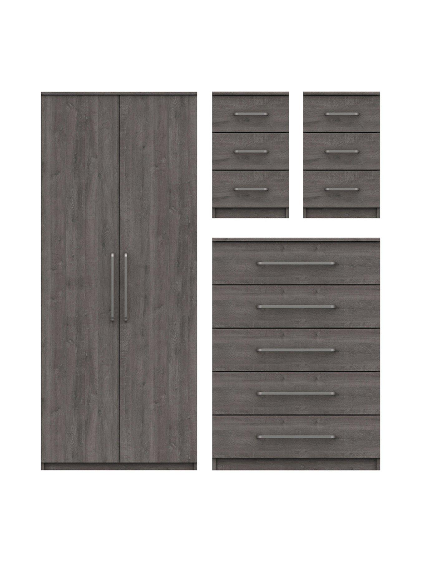 undefined Reagon Ready Assembled 4 Piece Package - 2 Door Wardrobe, 5 Drawer Chest and 2 Bedside Chests