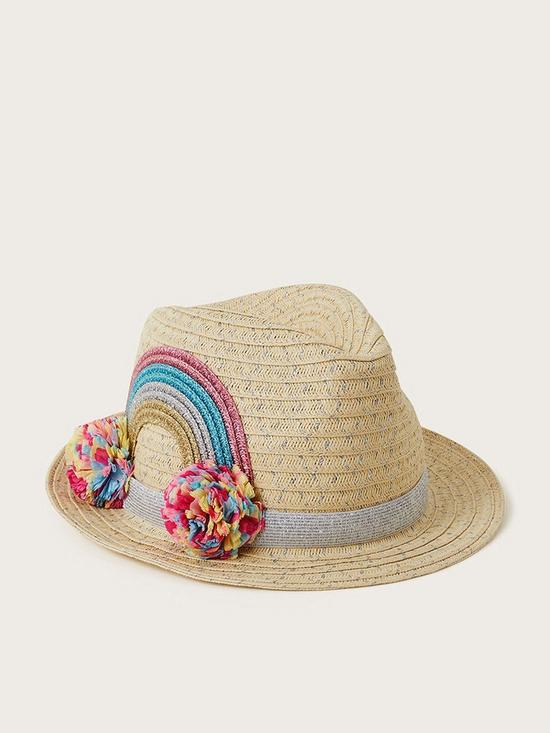 front image of monsoon-girls-rainbow-pom-pom-trilby-natural