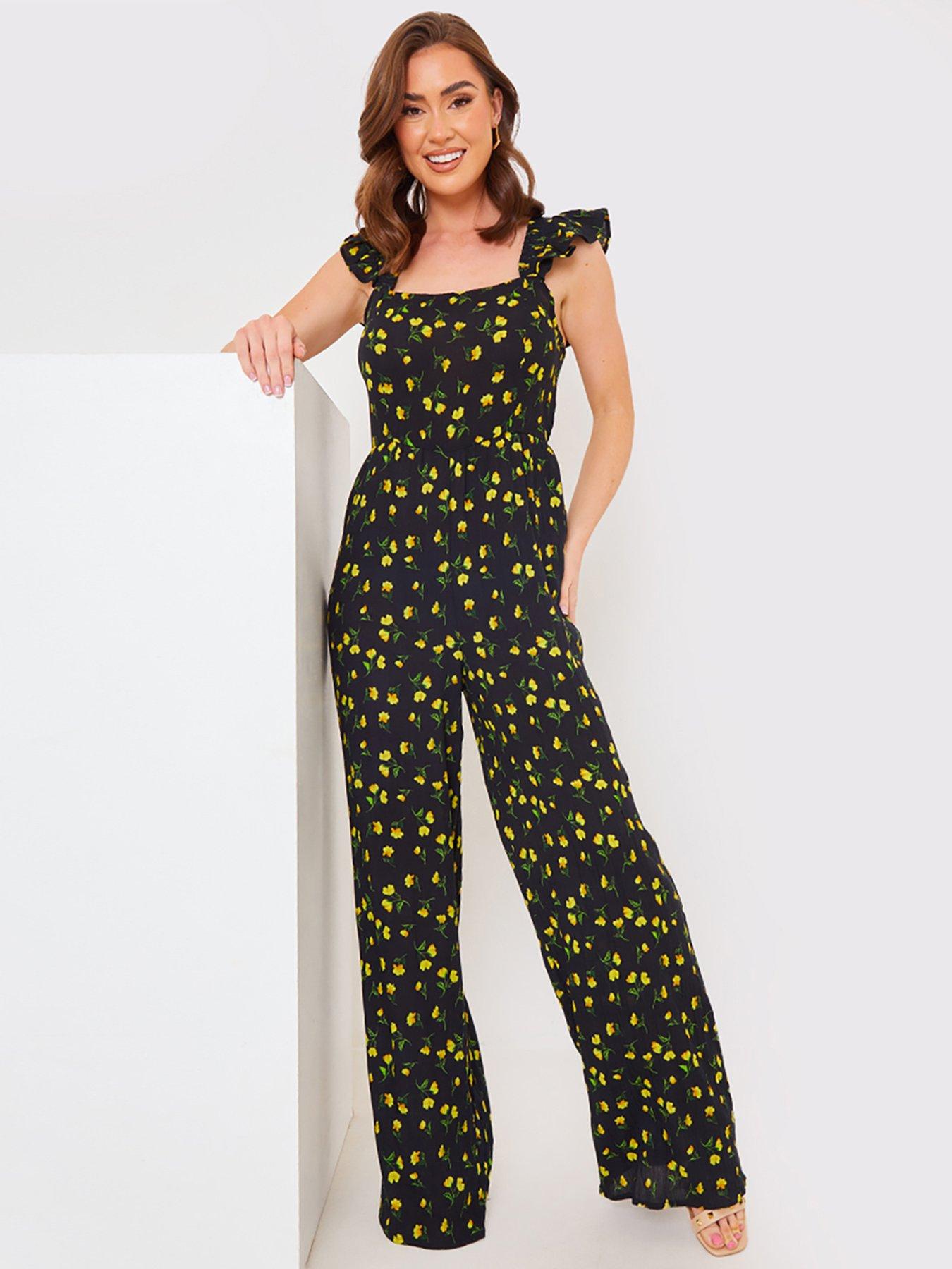 In The Style Jac Jossa Black Print Frill Shoulder Crinkle Jumpsuit