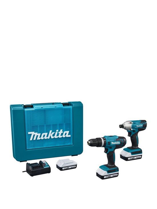 front image of makita-18v-g-series-cordless-hp488dnbspcombi-hammernbspdrillnbspamp-td127dnbspimpact-driver-kit-with-2x-2ah-li-ion-batteries