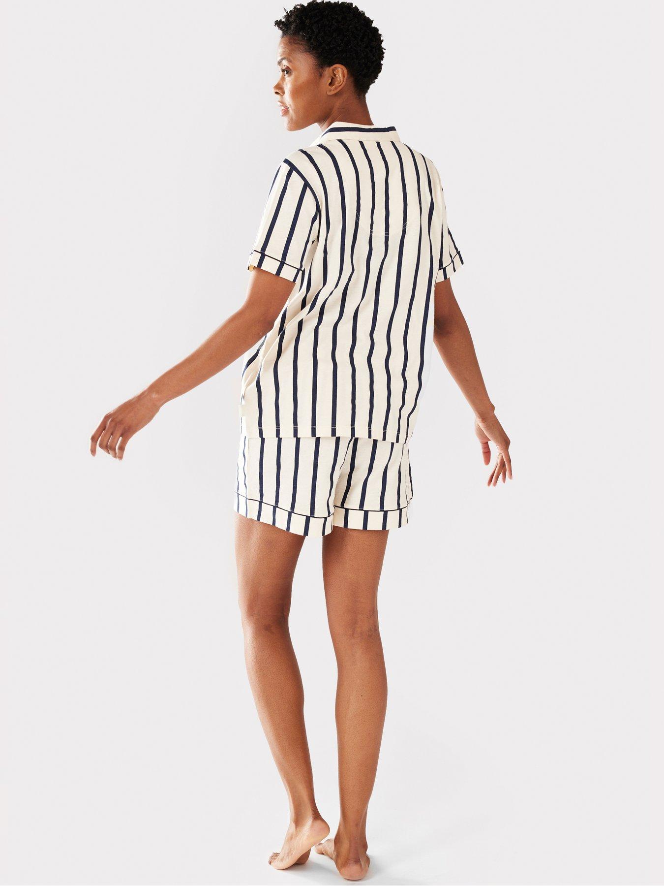 Image 2 of 6 of CHELSEA PEERS V Neck&nbsp;Button Up&nbsp;Short Pyjama Set - Navy Stripe