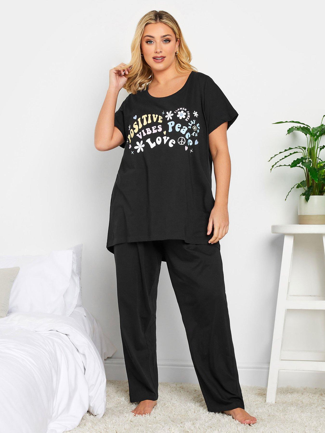 front image of yours-positive-vibes-short-sleeve-wide-leg-pj-set-black