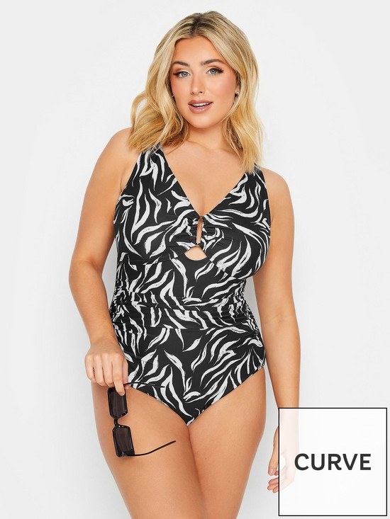 front image of yours-stroke-print-buckle-swimsuit