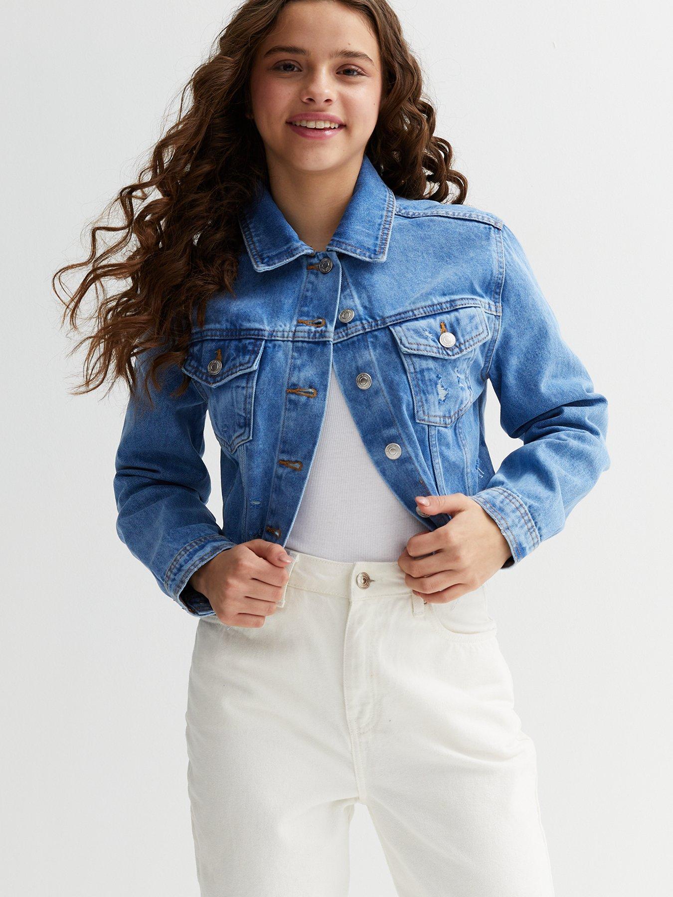 New Look 915 Girls Bright Blue Frayed Crop Denim Jacket | littlewoods.com