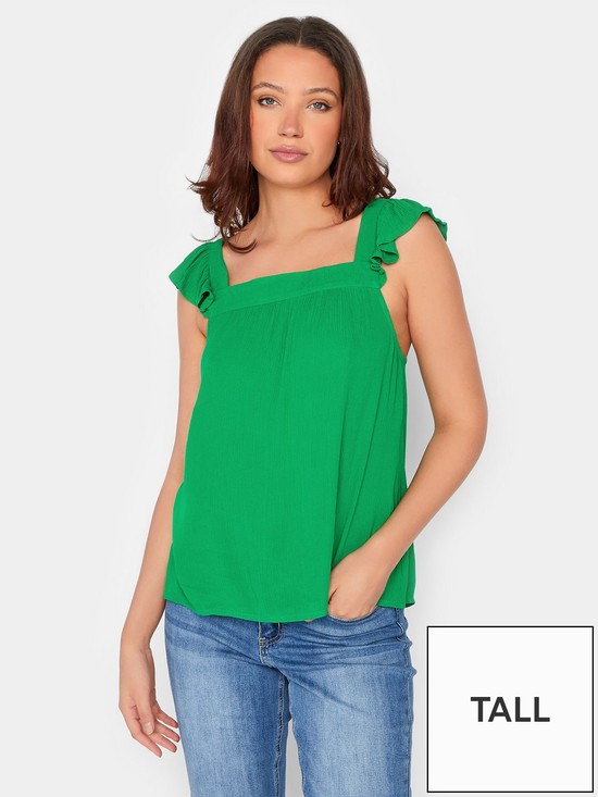 front image of long-tall-sally-cheese-cloth-frill-top-green