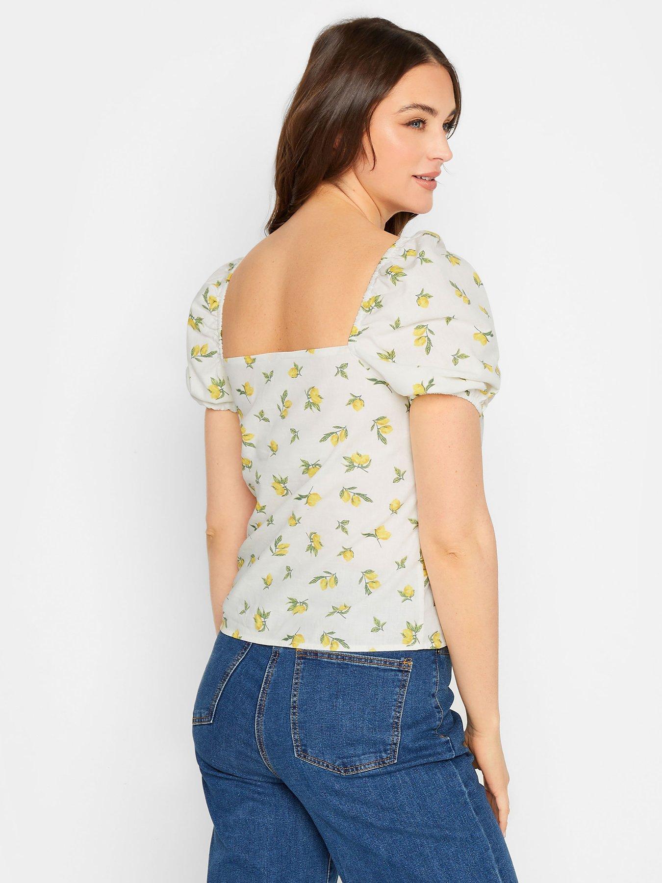  image of long-tall-sally-lemon-print-linen-top-white