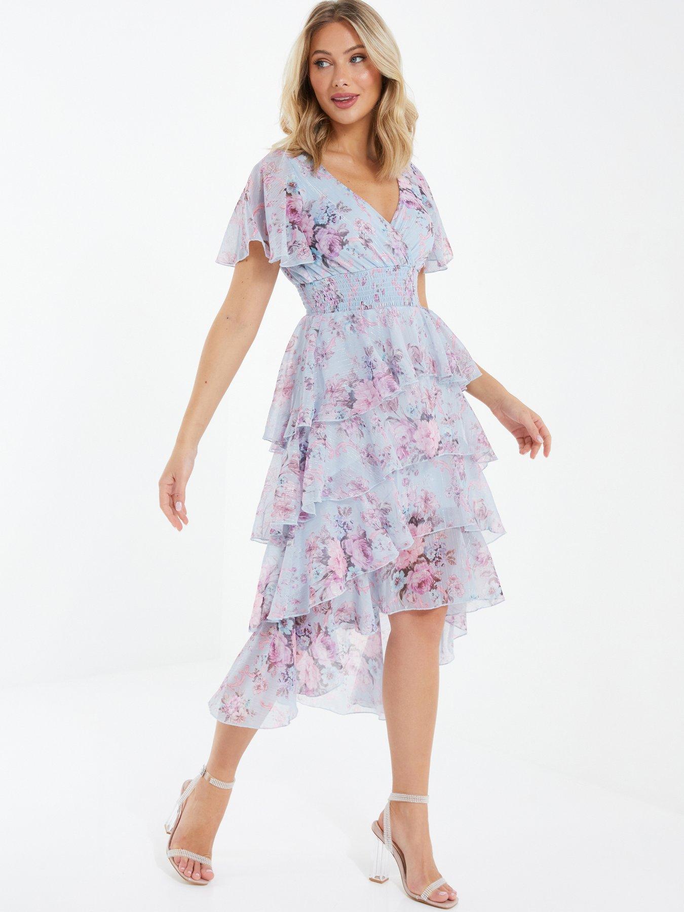 Quiz Chiffon Floral Dip Hem Tiered Midi Dress