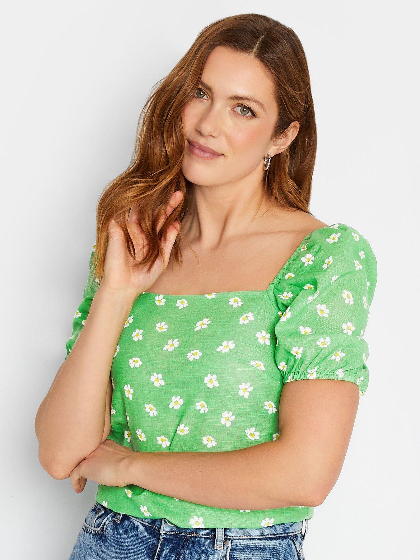 front image of long-tall-sally-flower-print-linen-top-green