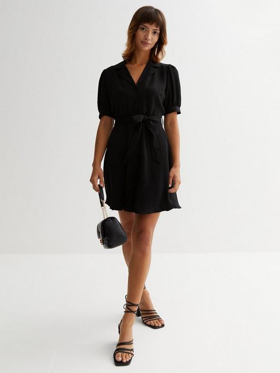 front image of new-look-puff-sleeve-belted-mini-shirt-dress-black