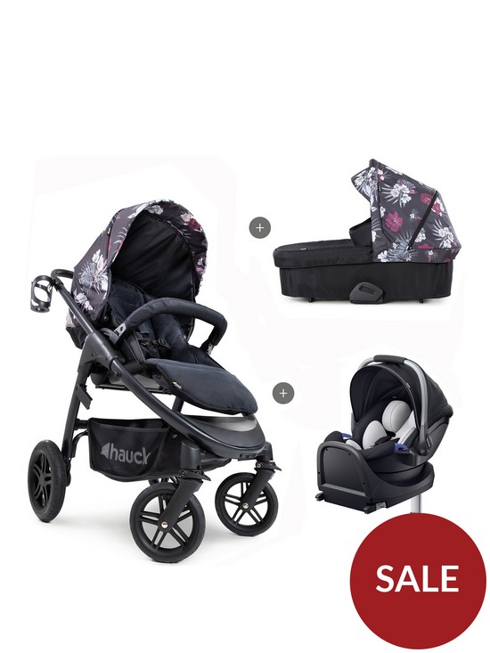 front image of hauck-saturn-pushchair-travel-system-i-size-ipro-baby-car-seat-isofix-base-wild-bloom