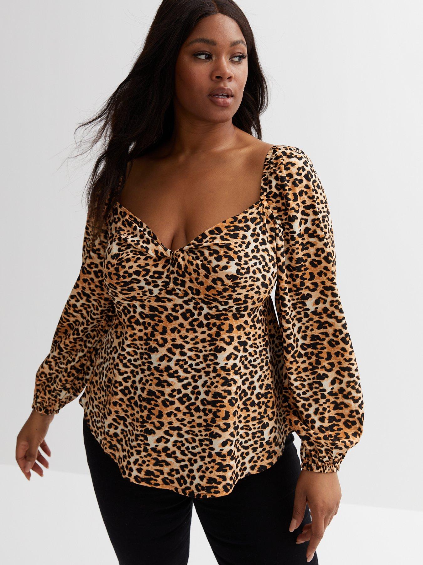 New Look Curves Leopard Print Twist Peplum Blouse - Brown