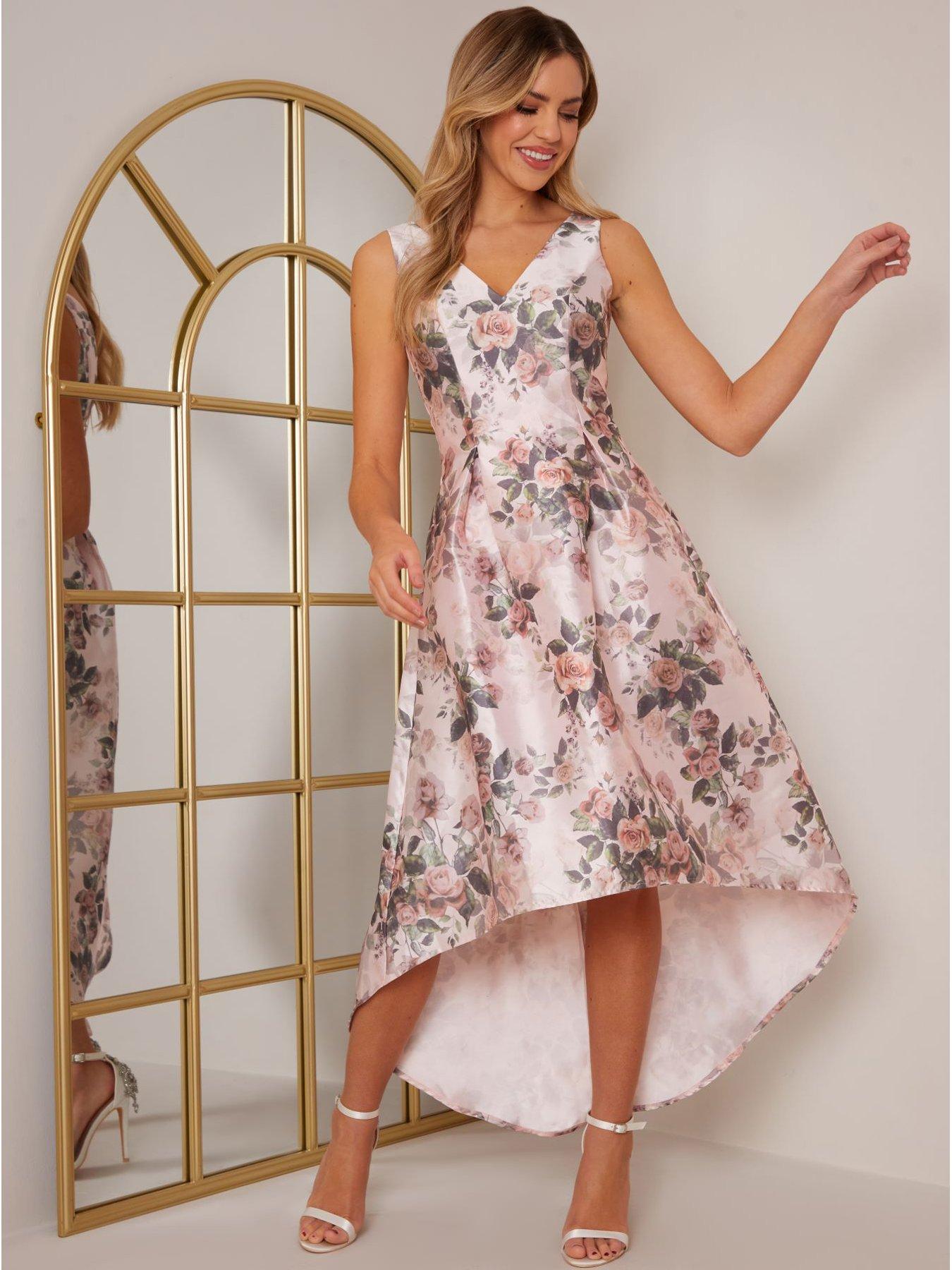 Sleeveless Floral Print Dip Hem Dress Pink