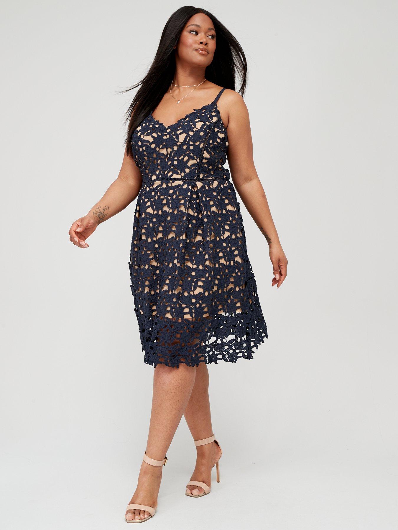 chinese dress ladies Plus Size Cami Premium Lace Midi Dress in Navy main image 0