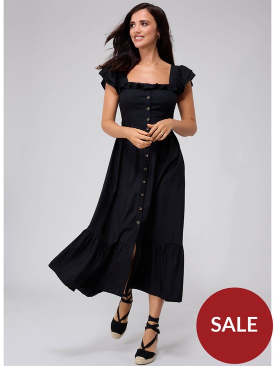 front image of lucy-mecklenburgh-frill-detail-linen-midi-dress-black