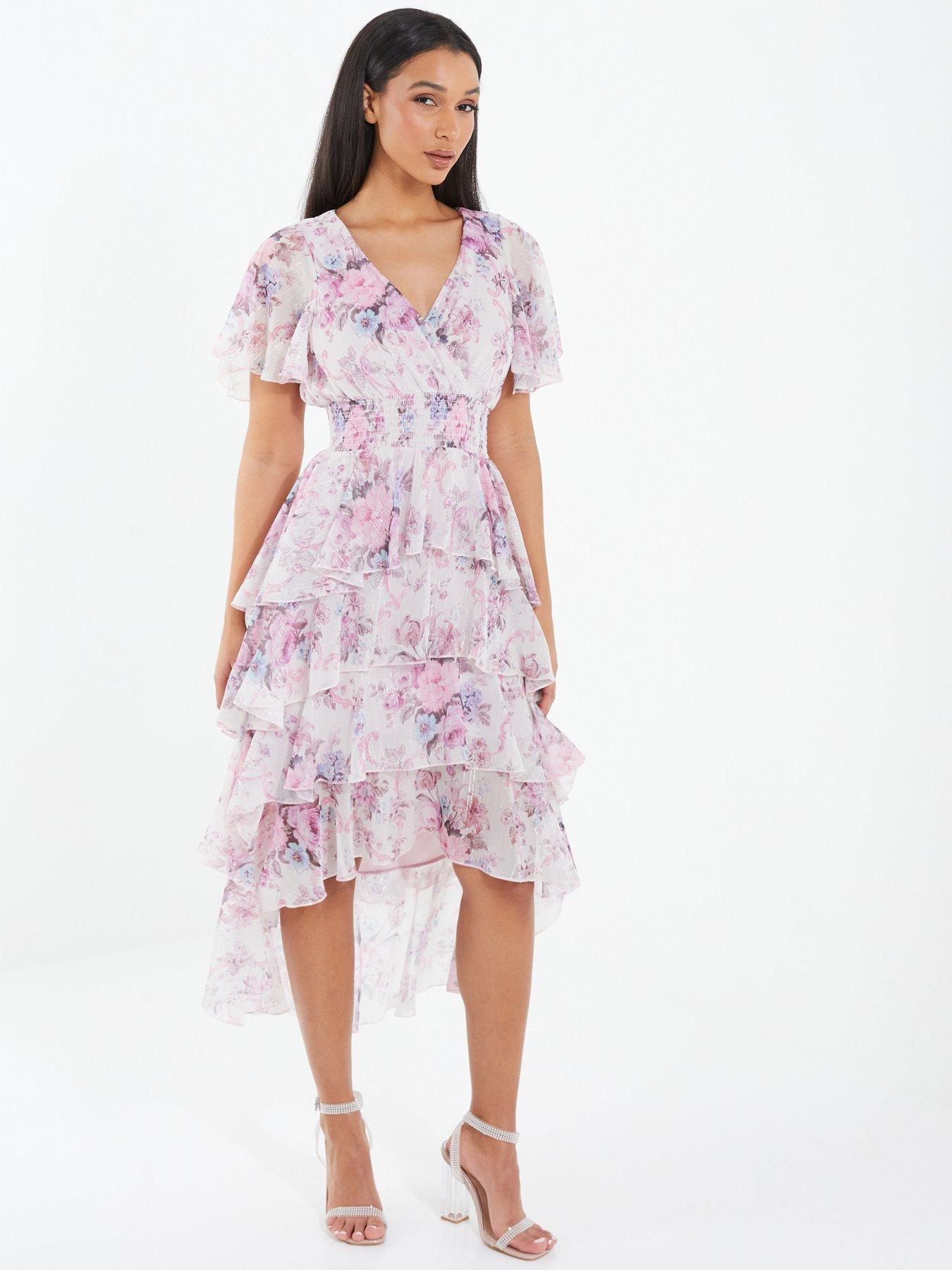Quiz Chiffon Floral Dip Hem Tiered Midi Dress
