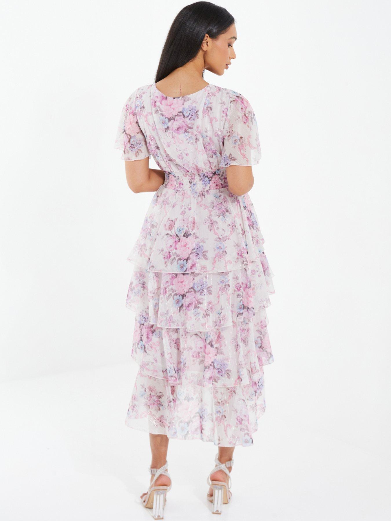 Quiz Chiffon Floral Dip Hem Tiered Midi Dress