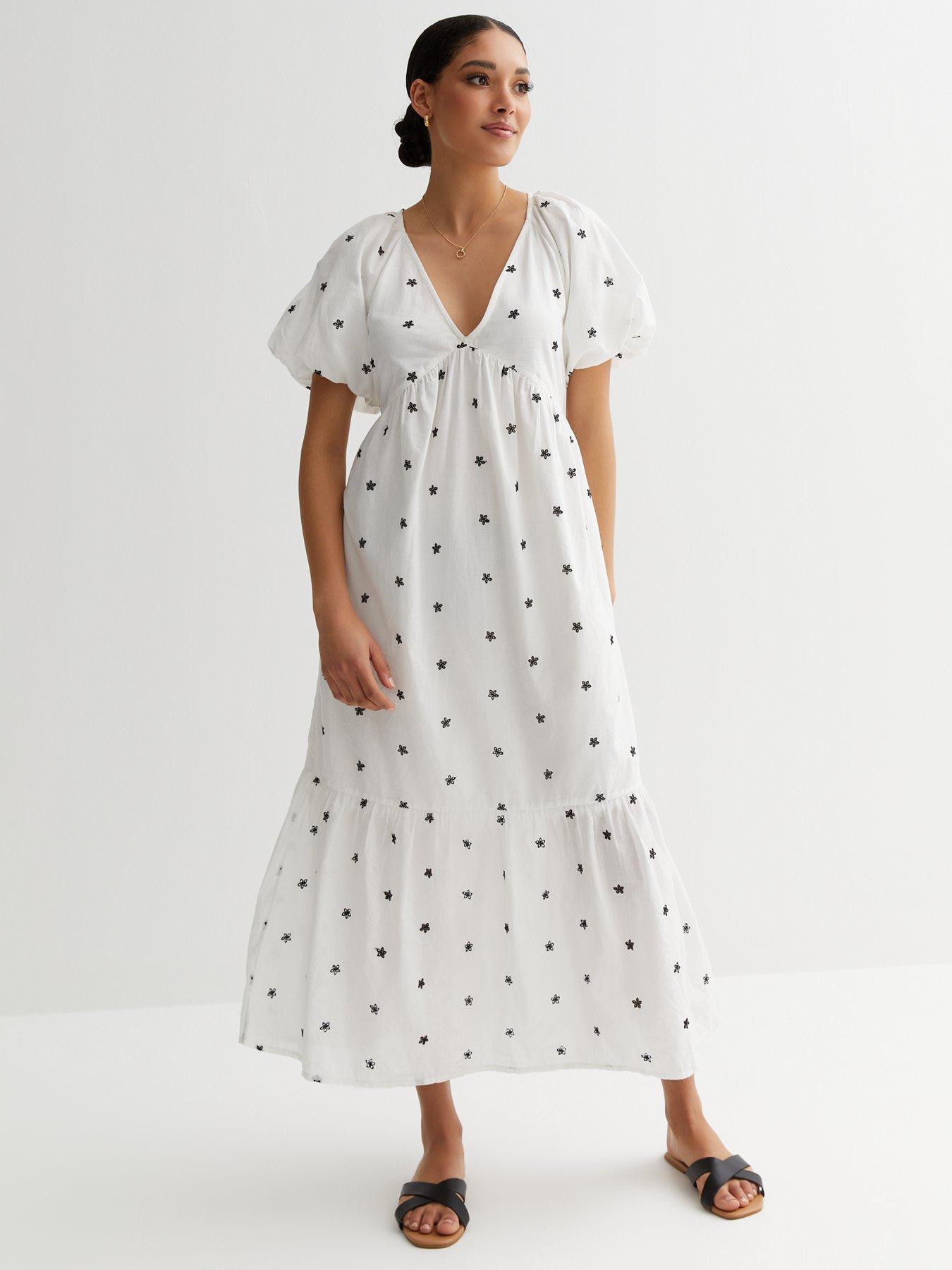  image of new-look-white-daisy-embroidered-puff-sleeve-midi-dress