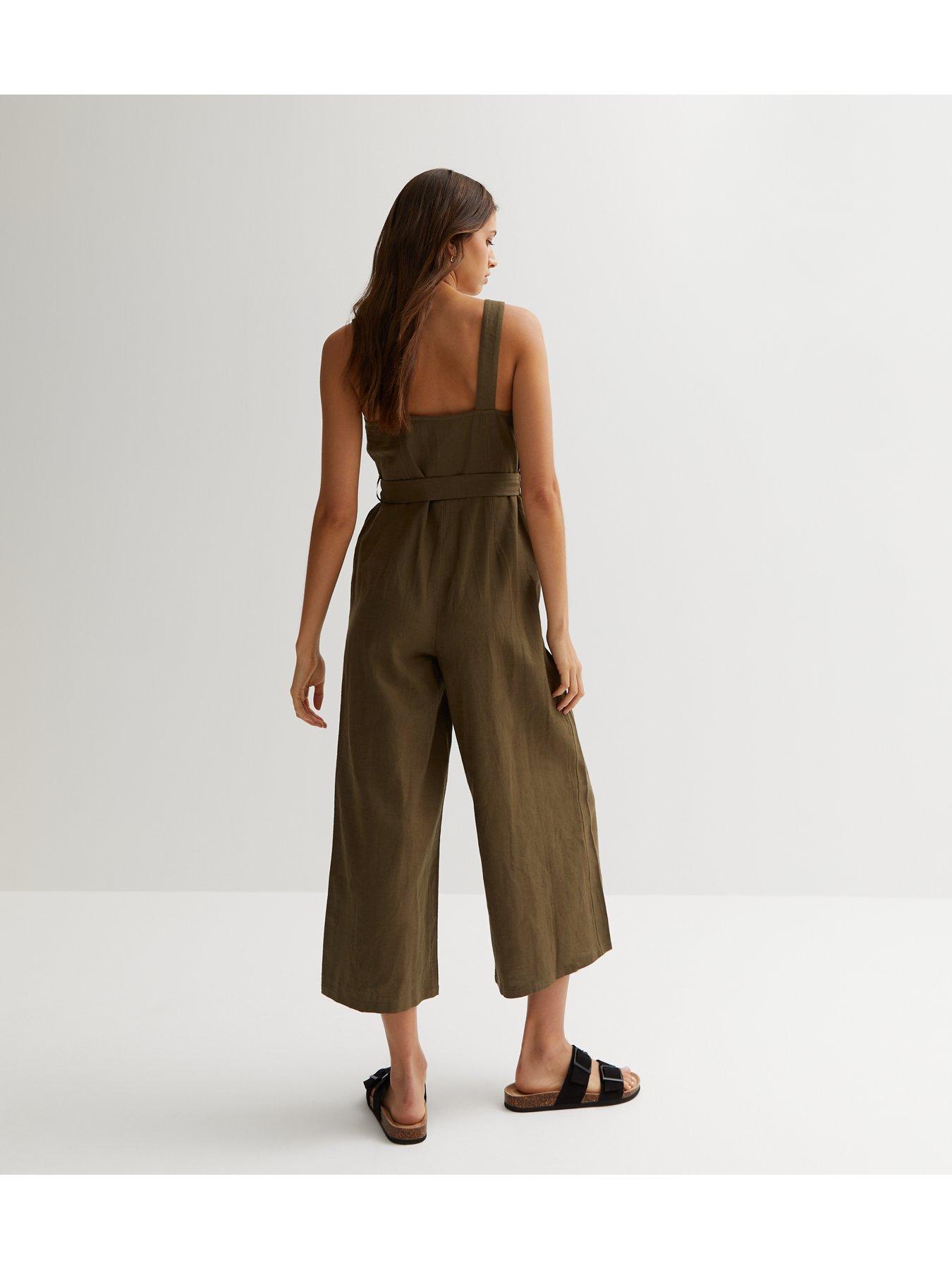 New Look Khaki Cotton Button Front Jumpsuit