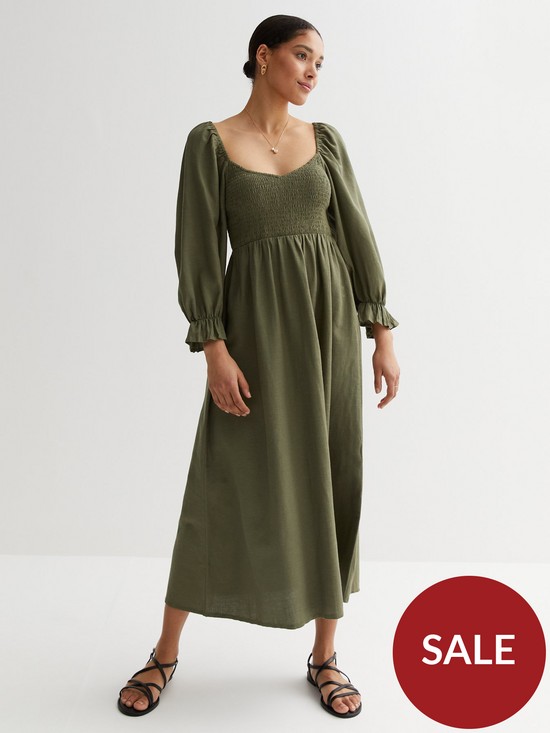 front image of new-look-khaki-shirred-long-sleeve-midi-dress