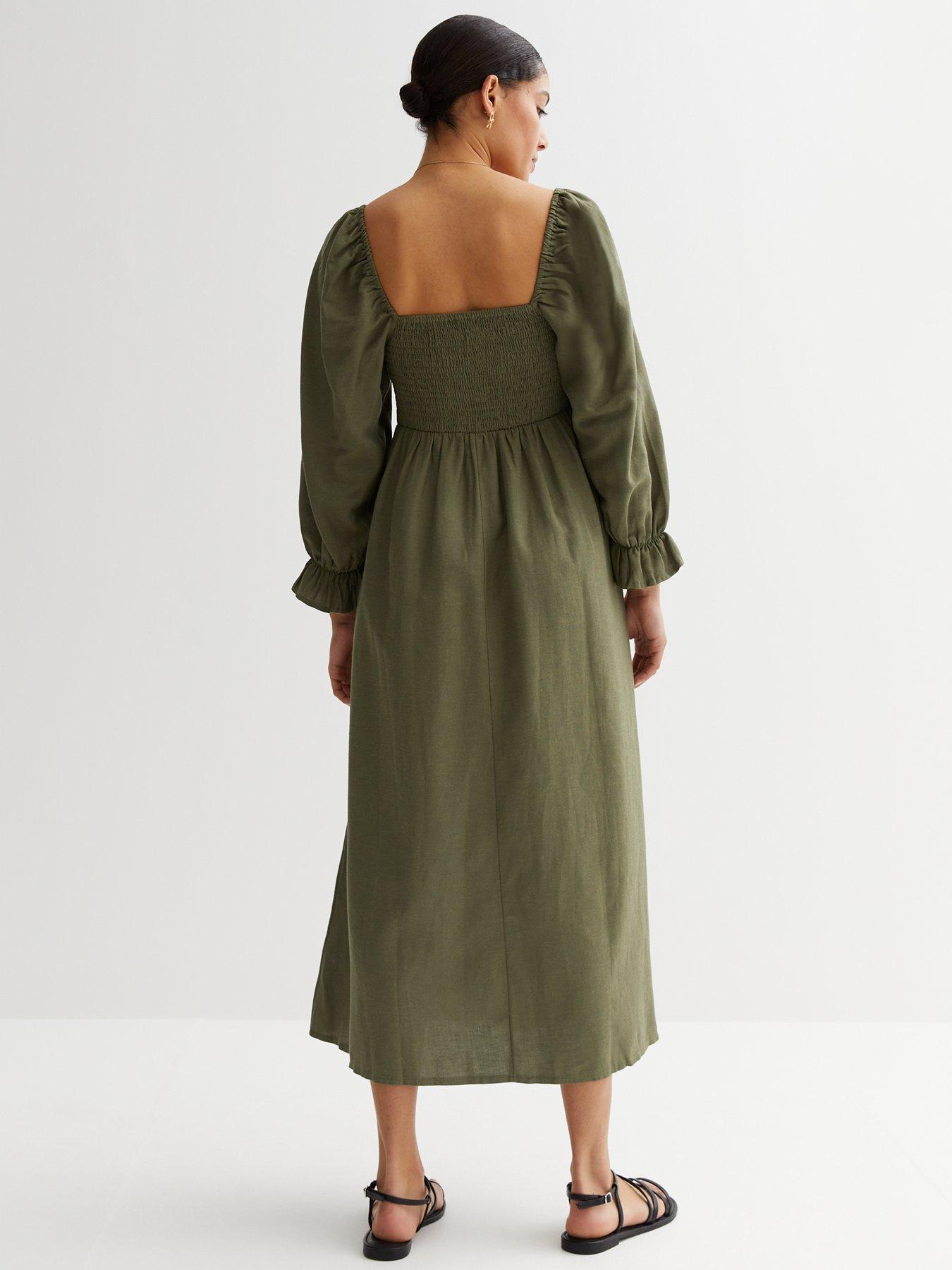 stillFront image of new-look-khaki-shirred-long-sleeve-midi-dress