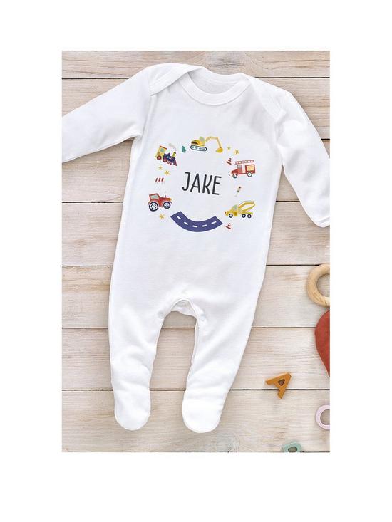 front image of love-abode-personalised-car-sleepsuit