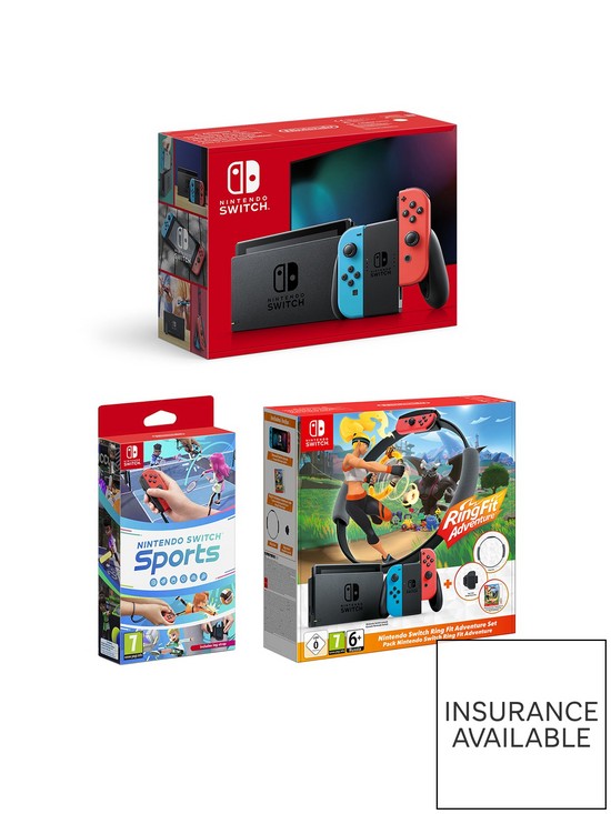 front image of nintendo-switch-neon-console-with-sports-amp-ring-fit-adventure