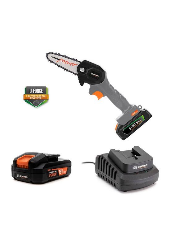 front image of daewoo-u-force-series-battery-operated-cordlessnbspmini-chainsaw-2mah-battery-amp-charger-included