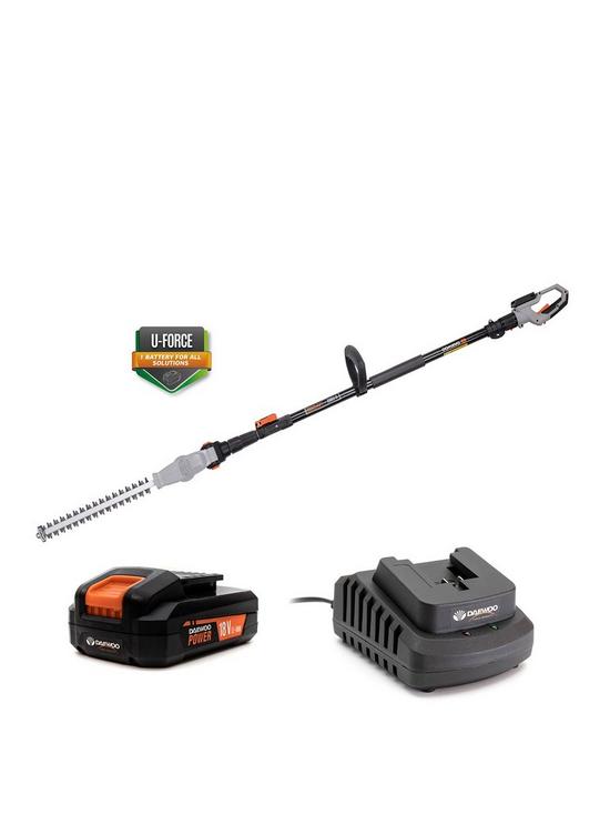 front image of daewoo-u-force-series-battery-operated-long-handle-hedge-trimmer-2mah-battery-amp-charger-included