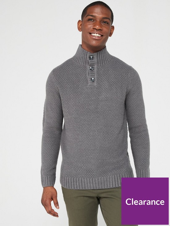 front image of very-man-button-funnel-knitted-jumper-charcoal