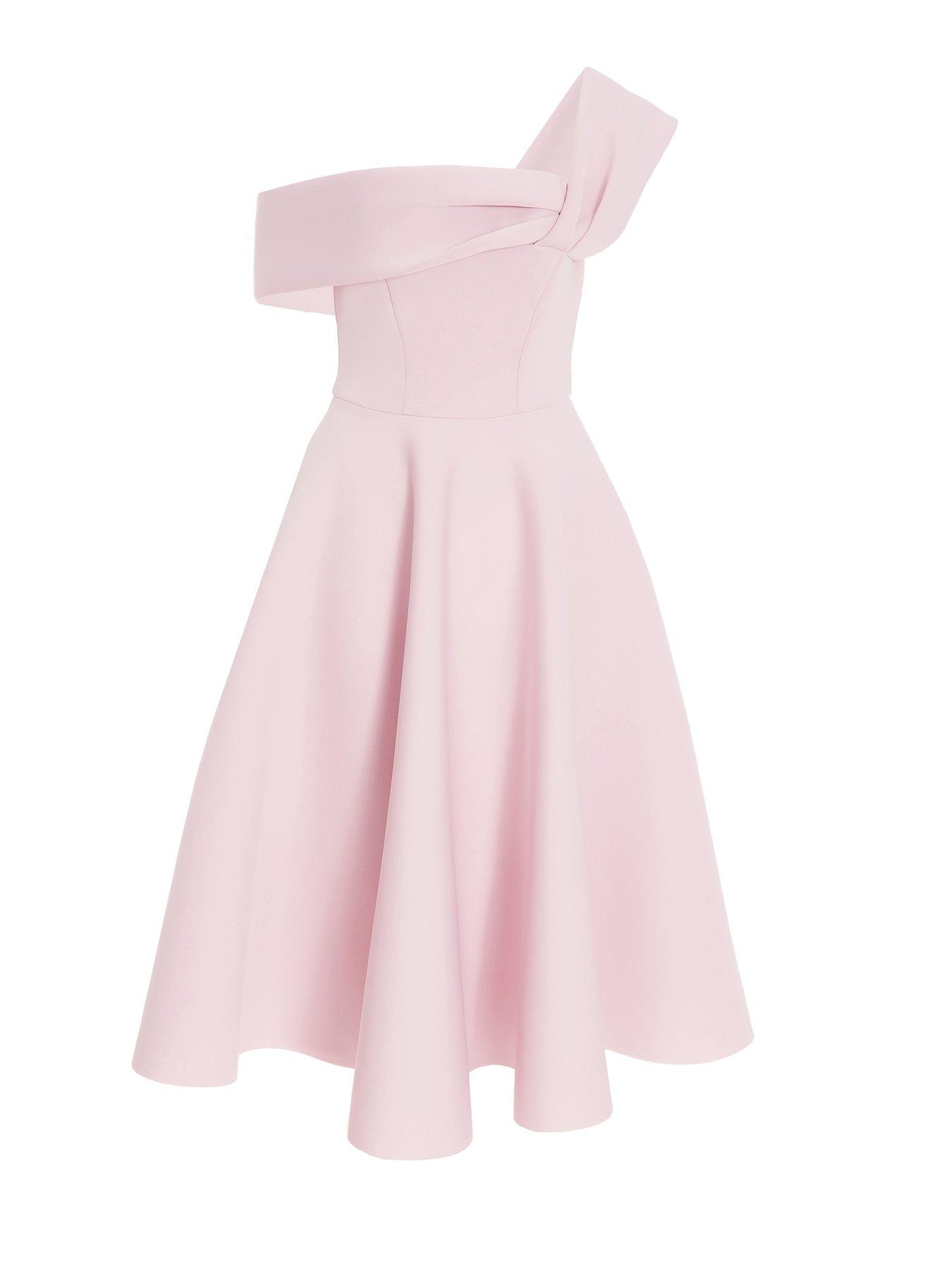  image of quiz-one-shoulder-midi-skater-dress-pink