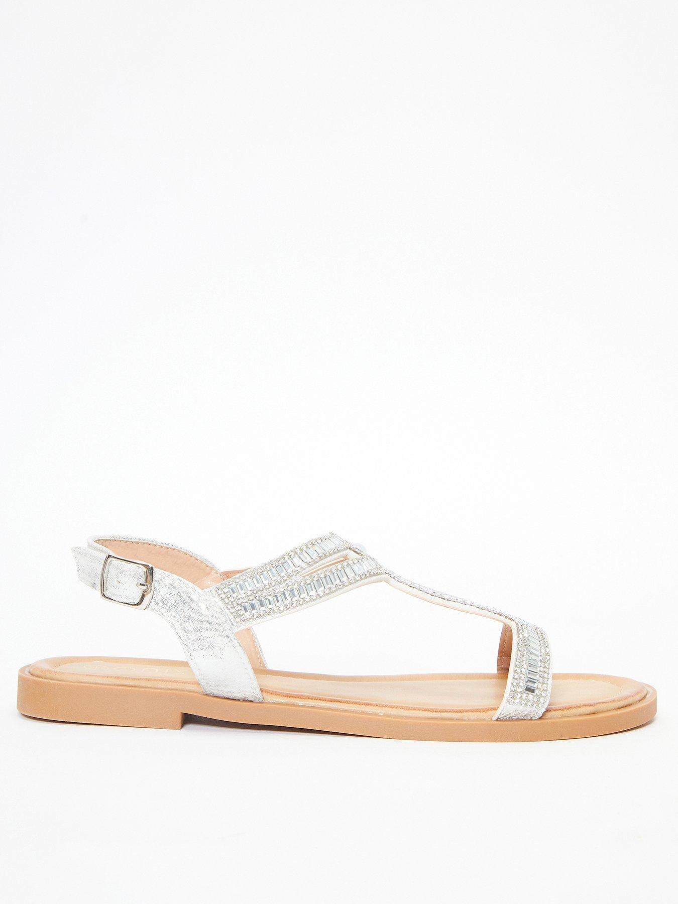 Quiz Diamante T-bar Flat Sandals - Silver | littlewoods.com