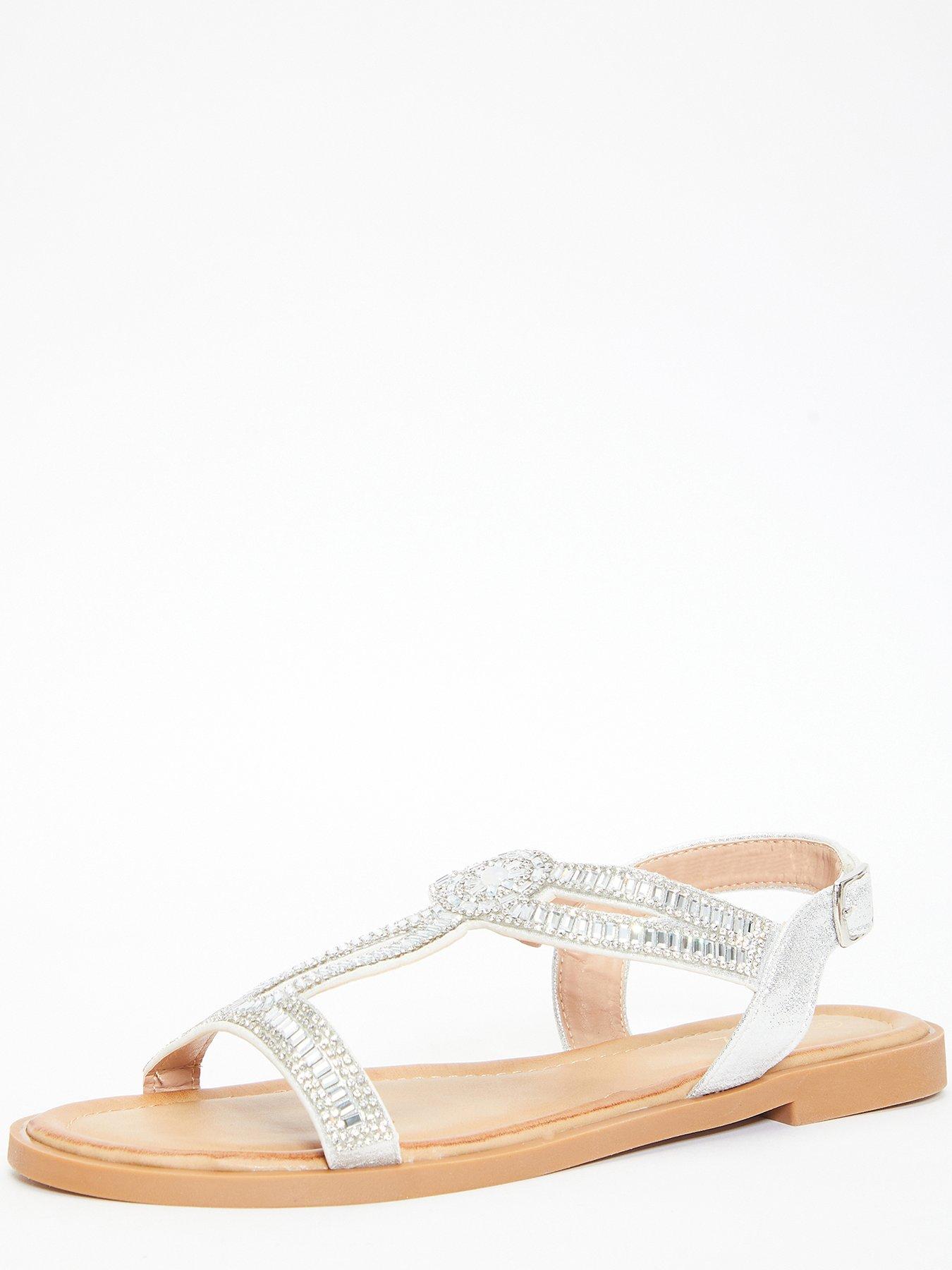 Quiz Diamante T-bar Flat Sandals - Silver | littlewoods.com