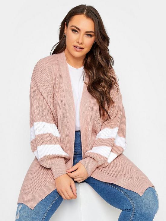 front image of yours-varsity-balloon-sleeve-cardigan-pink