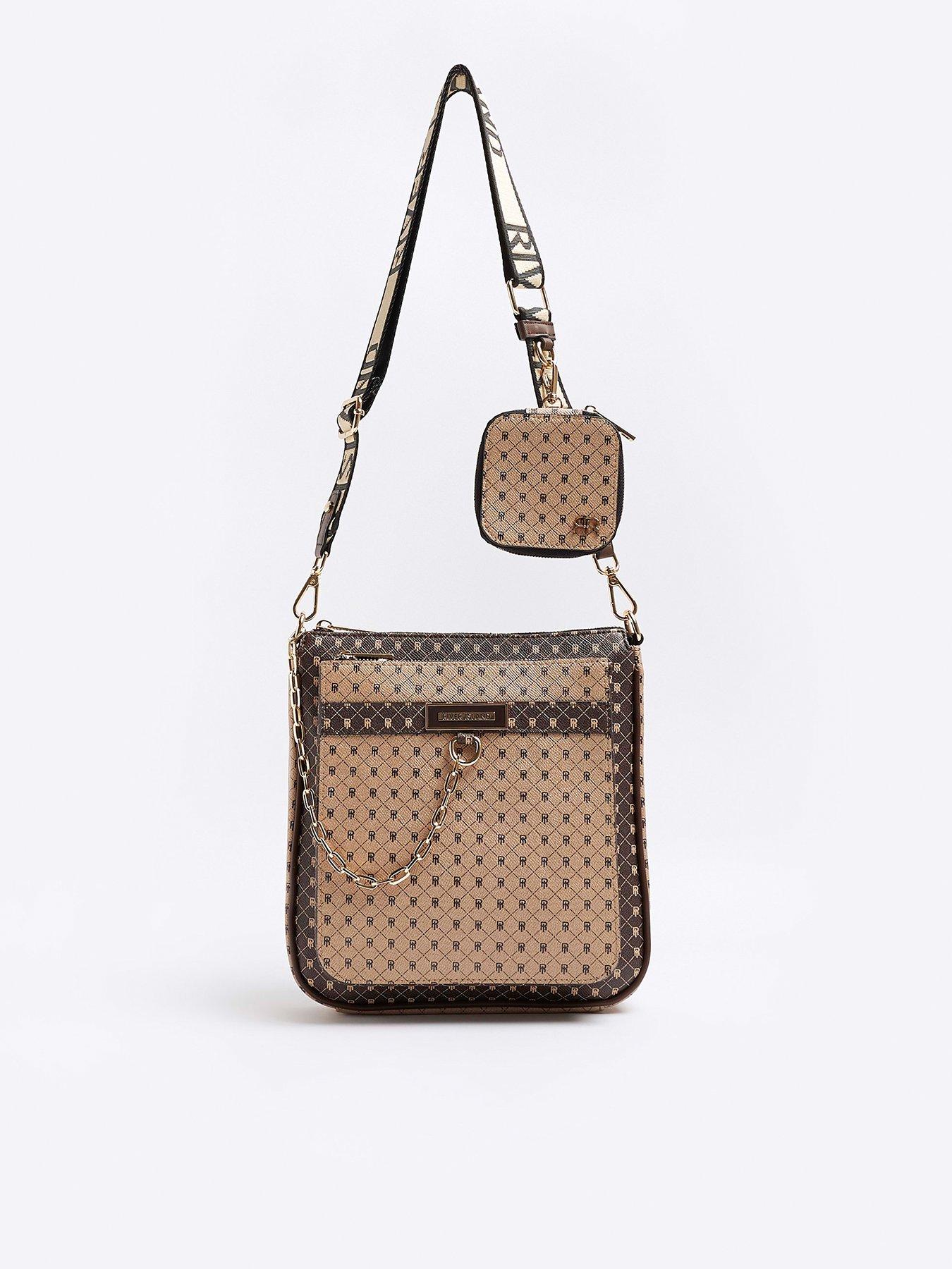 River Island monogram double pouchette crossbody bag in brown