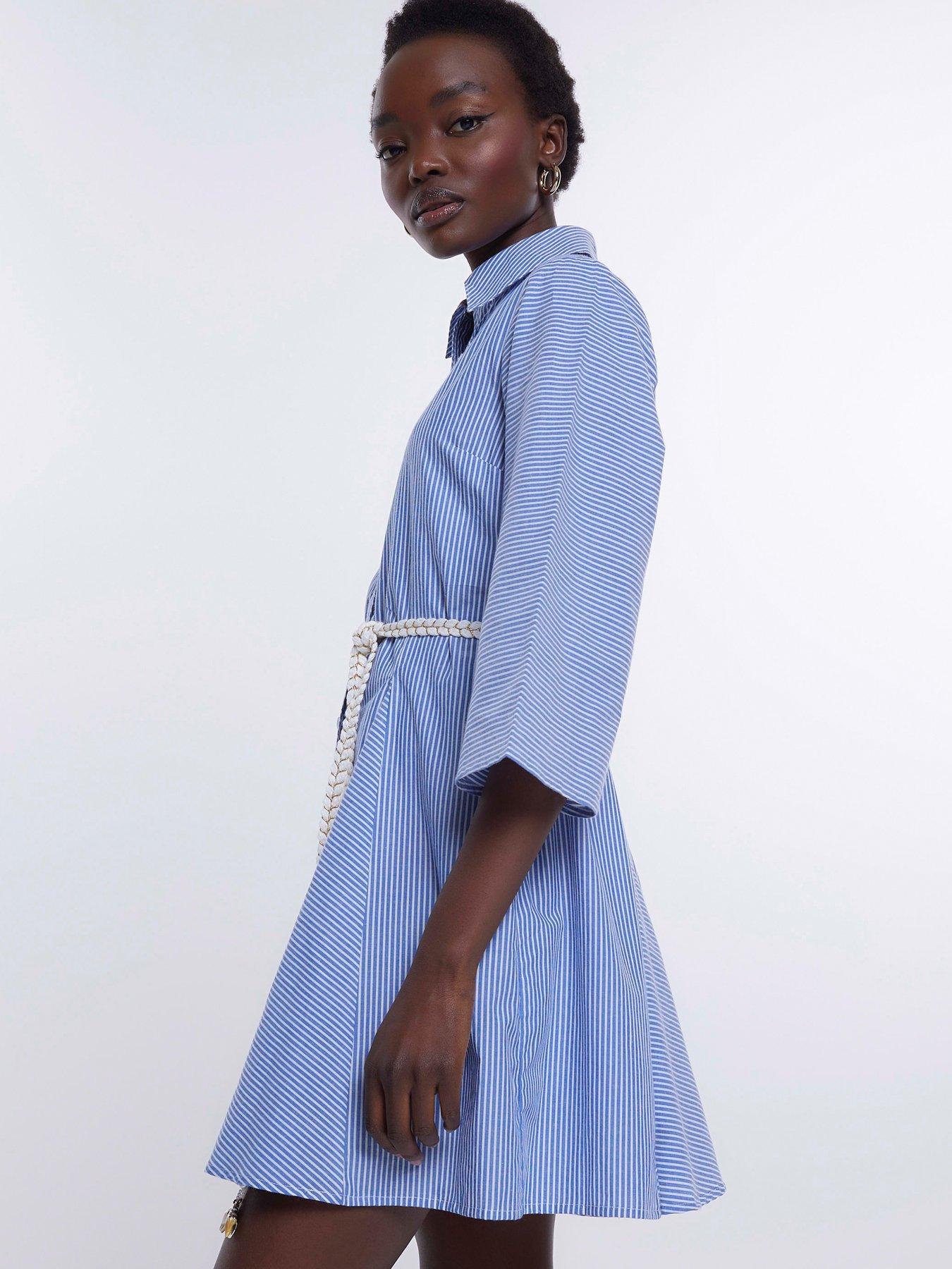  image of river-island-belted-stripe-shirt-dress-blue