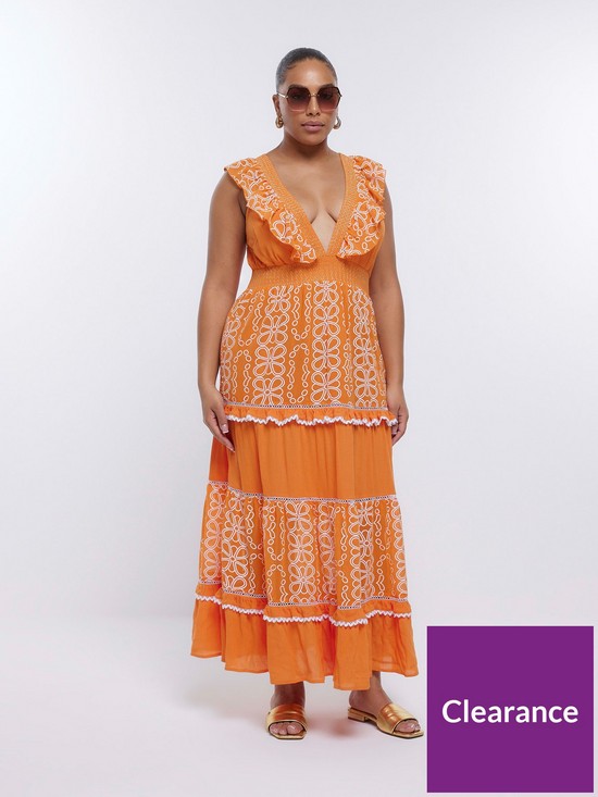 front image of ri-plus-frill-print-midaxi-dress-orange
