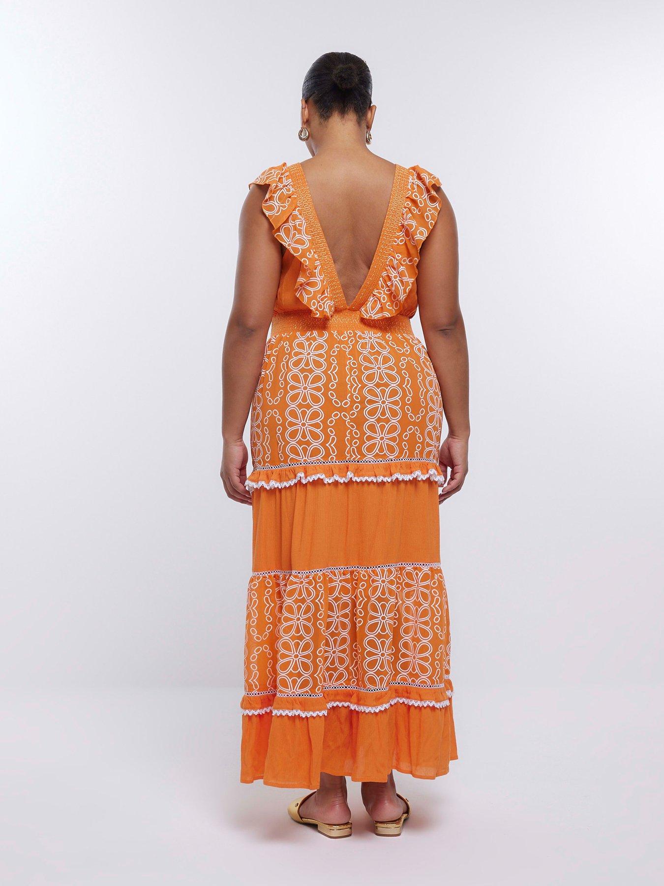 stillFront image of ri-plus-frill-print-midaxi-dress-orange