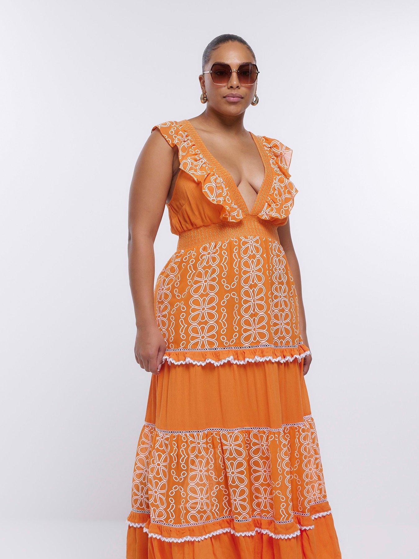  image of ri-plus-frill-print-midaxi-dress-orange