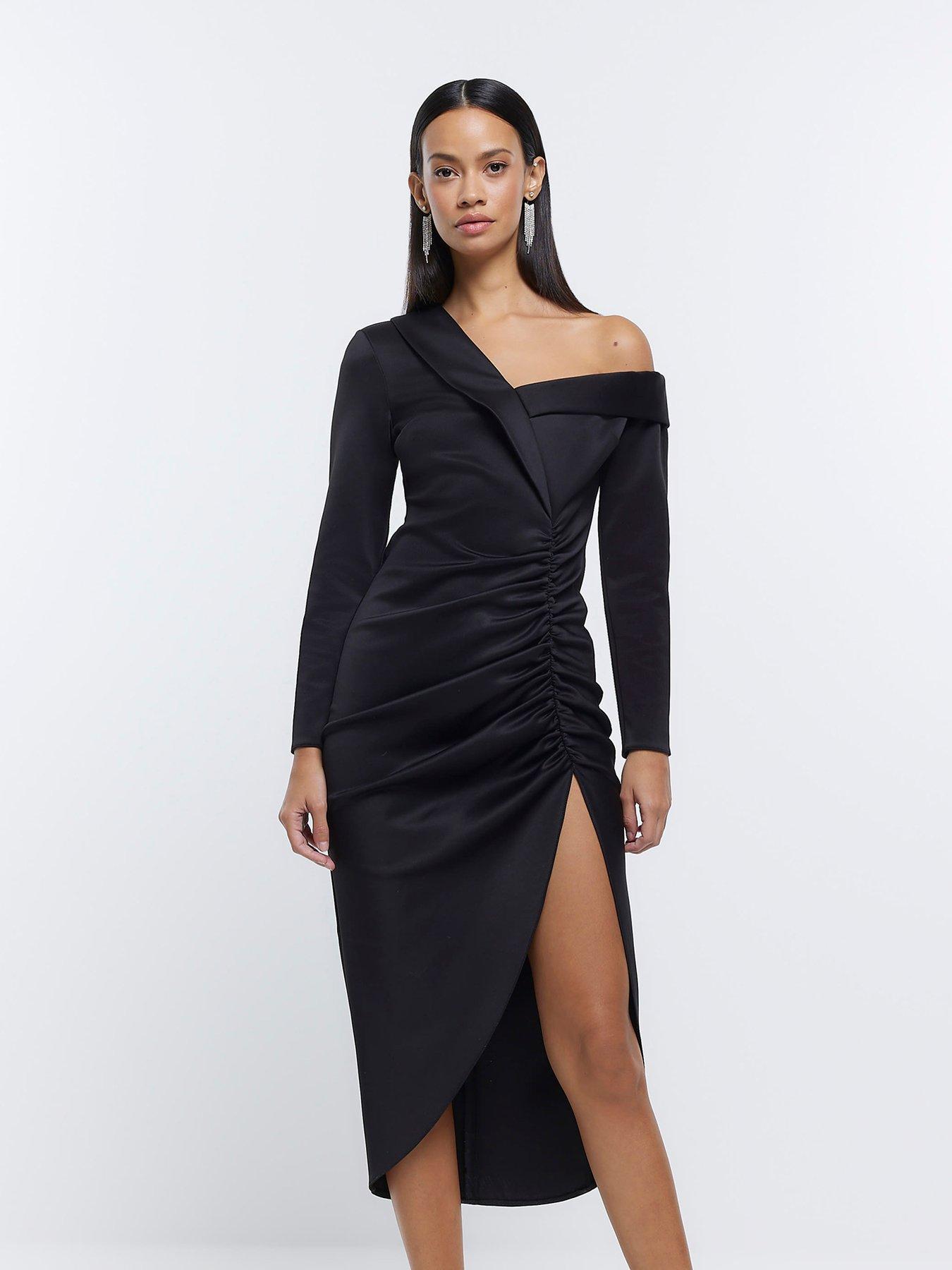 Follow the Curve Black Ruched Off-the-Shoulder Bodycon Dress