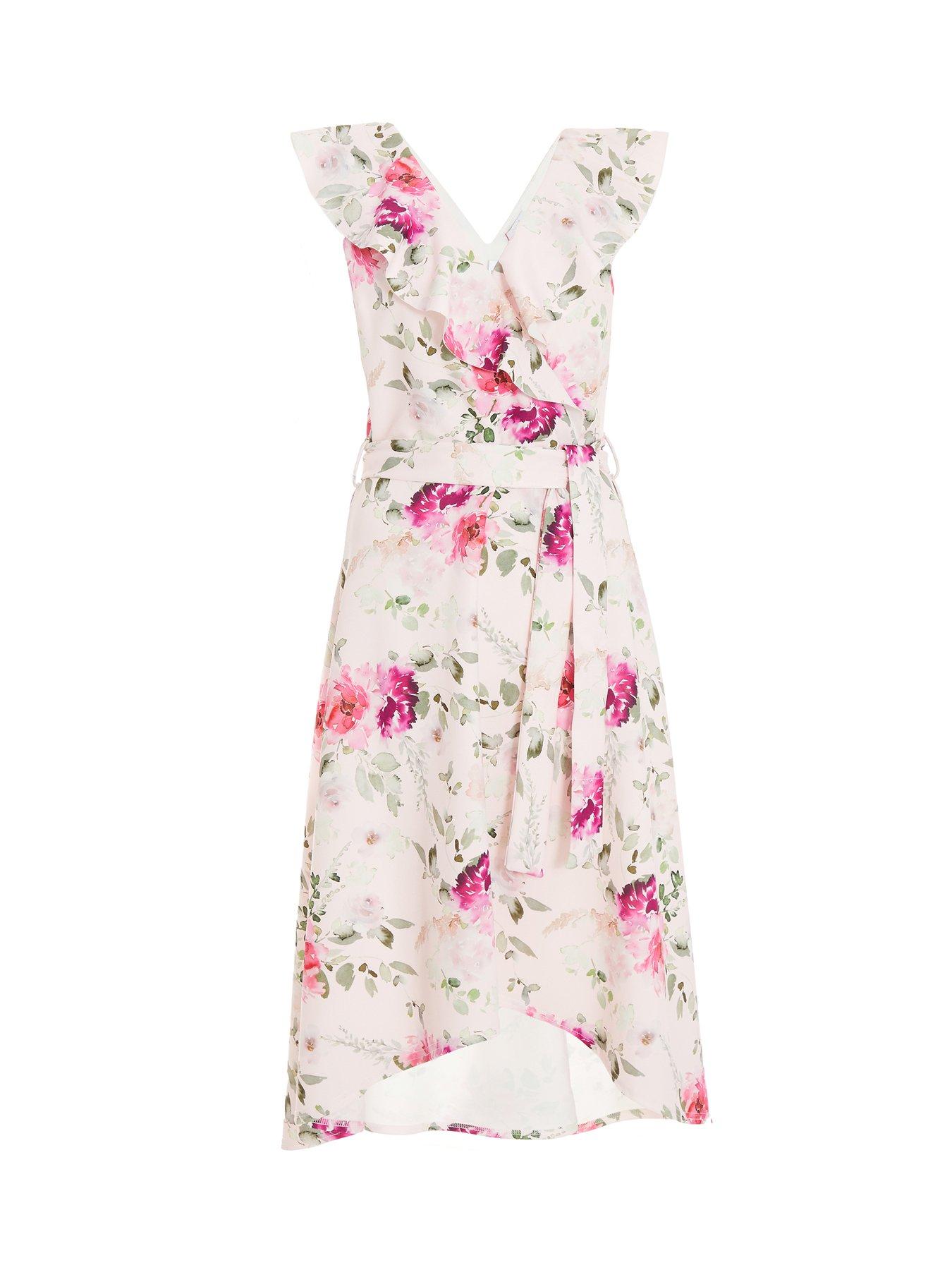 quiz pink dip hem dress Quiz Pink Curve Floral Dip Hem Tiered Midi Dress - 16